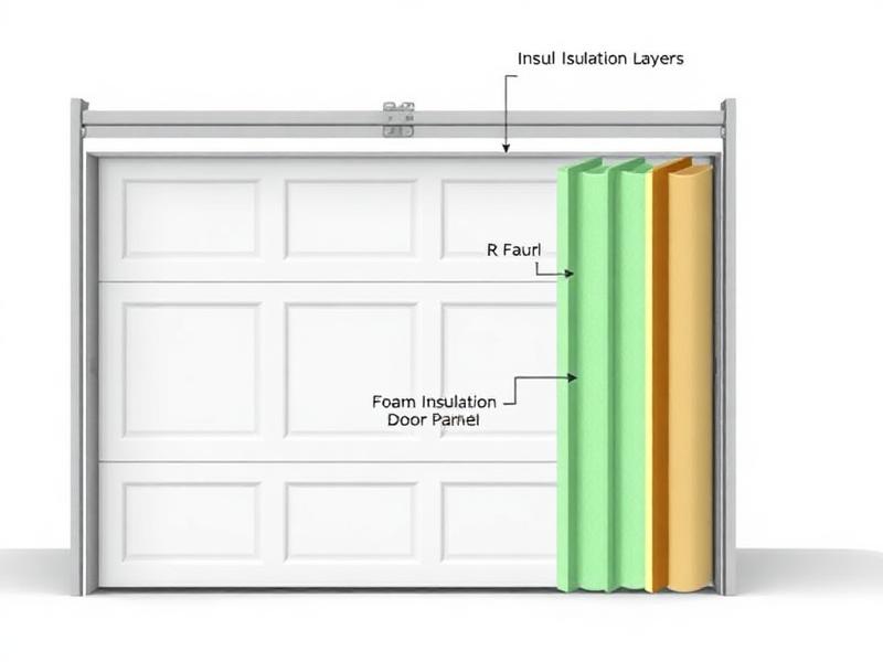 Cross-section diagram showing garage door insulation layers and R-value foam insulation