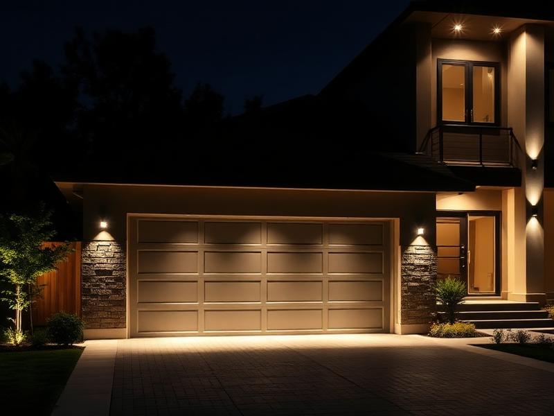Modern home with security lighting illuminating the garage door and driveway at night