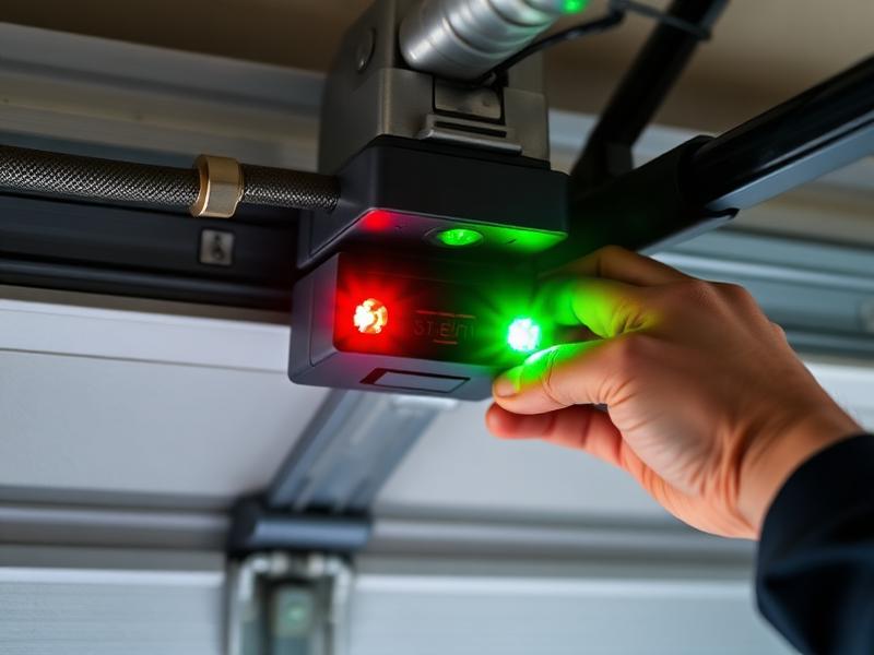 Garage door safety sensor with red and green LED indicator lights during calibration process