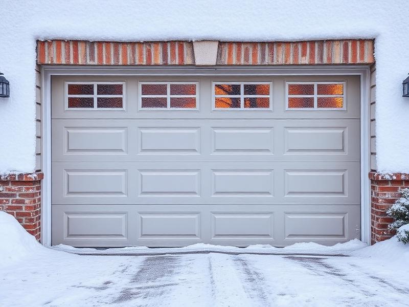 Garage door surrounded by snow in winter, demonstrating winterization and weather protection