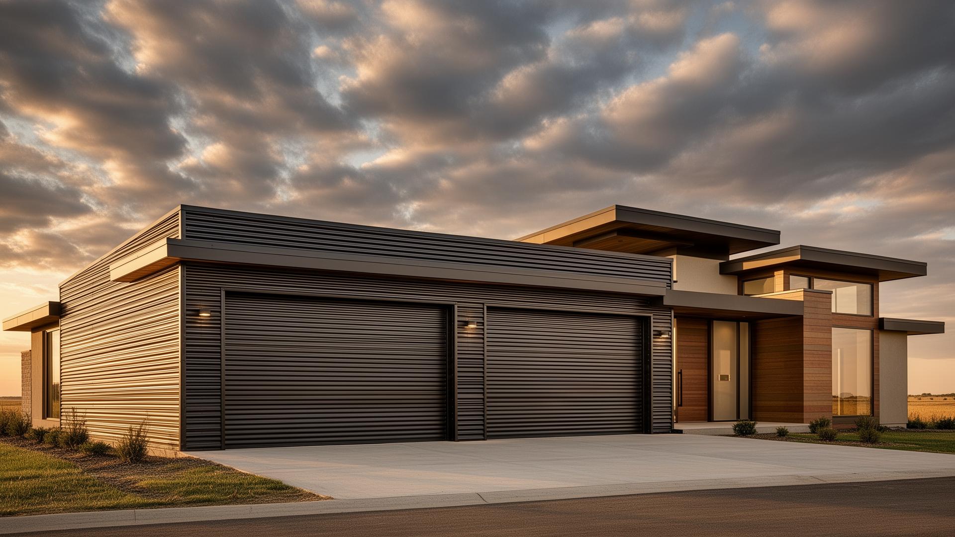 Modern prairie style home with industrial ribbed steel roll-up garage doors in Tiller Oregon